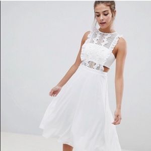 asos lace pinafore pleated midi dress